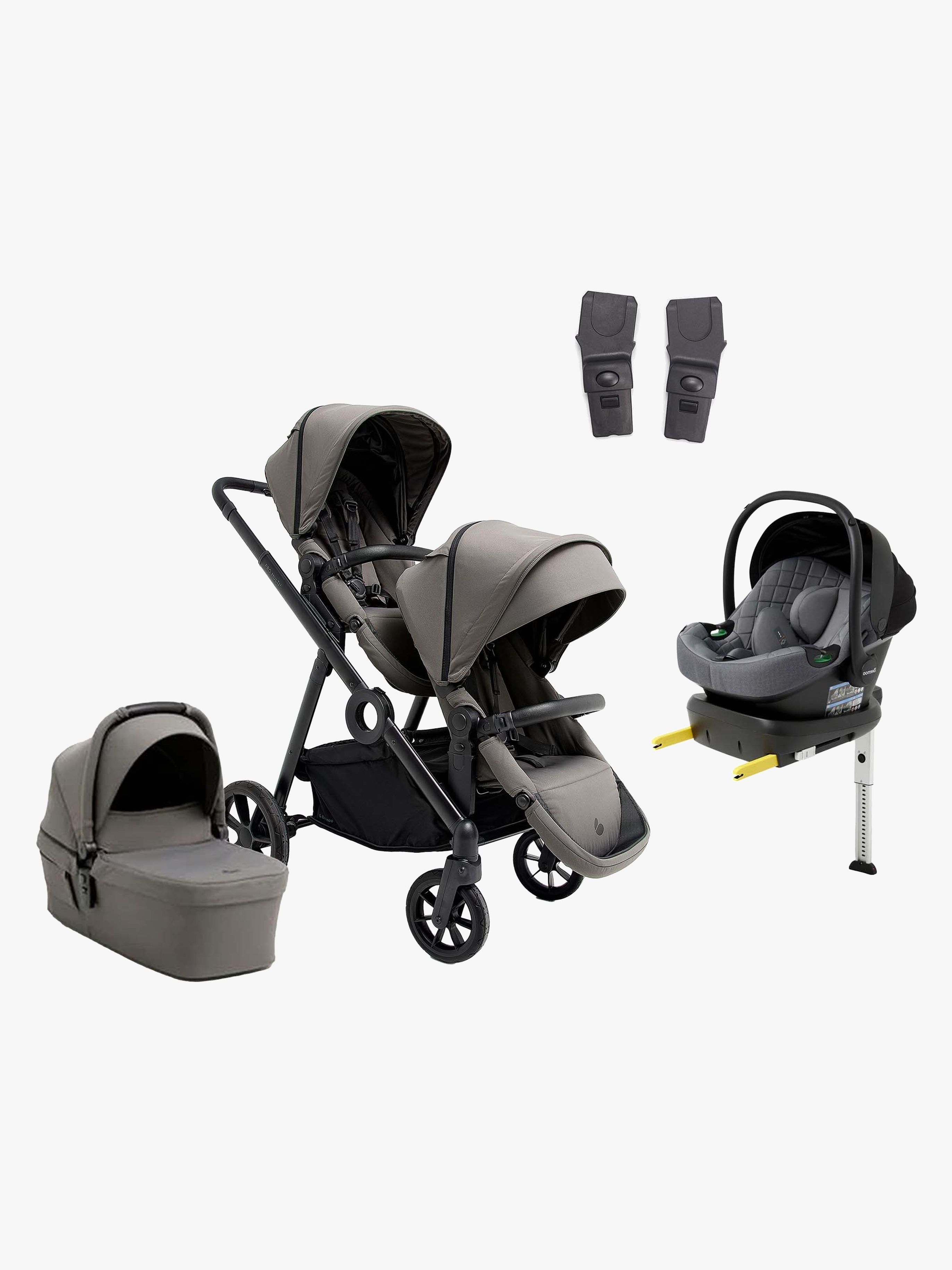 Beemoo Pro Multi 2 Søskendevogn inkl. Route i-Size Autostol Baby & Base, Mocha Grey/Mineral Grey
