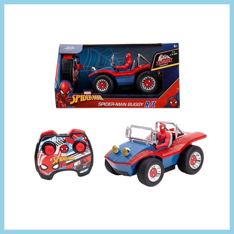 Spider-Man buggy med fjernbetjening, med teksten 'SPIDER-MAN BUGGY R/C'.