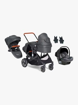 Beemoo Maxi 4 Twin Søskendevogn inkl. Ekstra Søskendesæde & Route i-Size Autostol Baby, Black/Mineral Grey