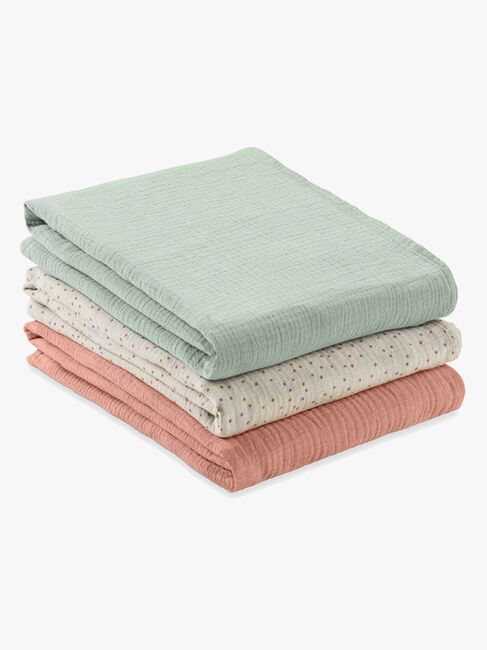 Hauck Cuddle N Clean Tæppe/ Stofble i Musselin 3-pak, Sage/Beige/Dots/Cork