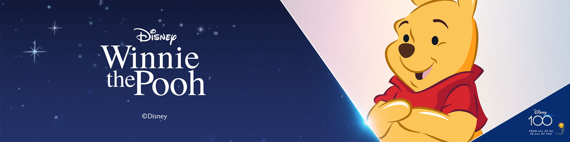 Peter Plys på en blå baggrund med stjerner og teksten 'Winnie the Pooh'.