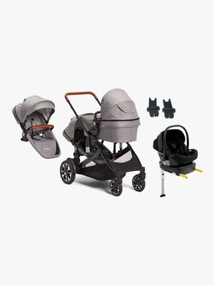 Beemoo Maxi 4 Twin Søskendevogn inkl. Ekstra Søskendesæde & Route i-Size Autostol Baby & ISOFIX Base, Grey/Black Stone