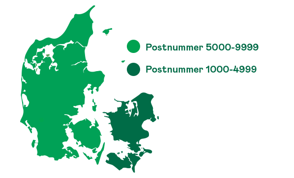 Grøn silhuet af Danmark på sort baggrund.