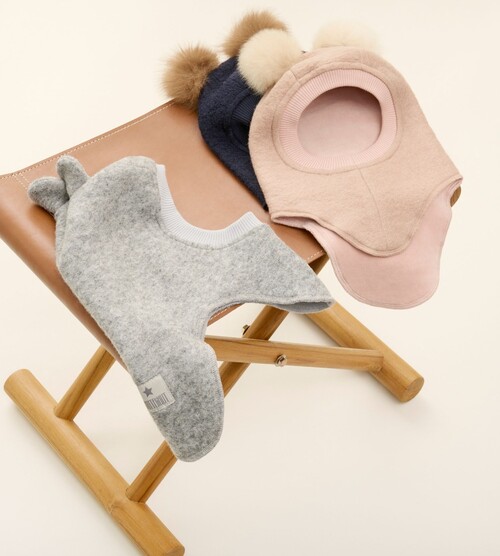 Huttelihut Elefanthue Merinould med Pomponer, Rose Melange