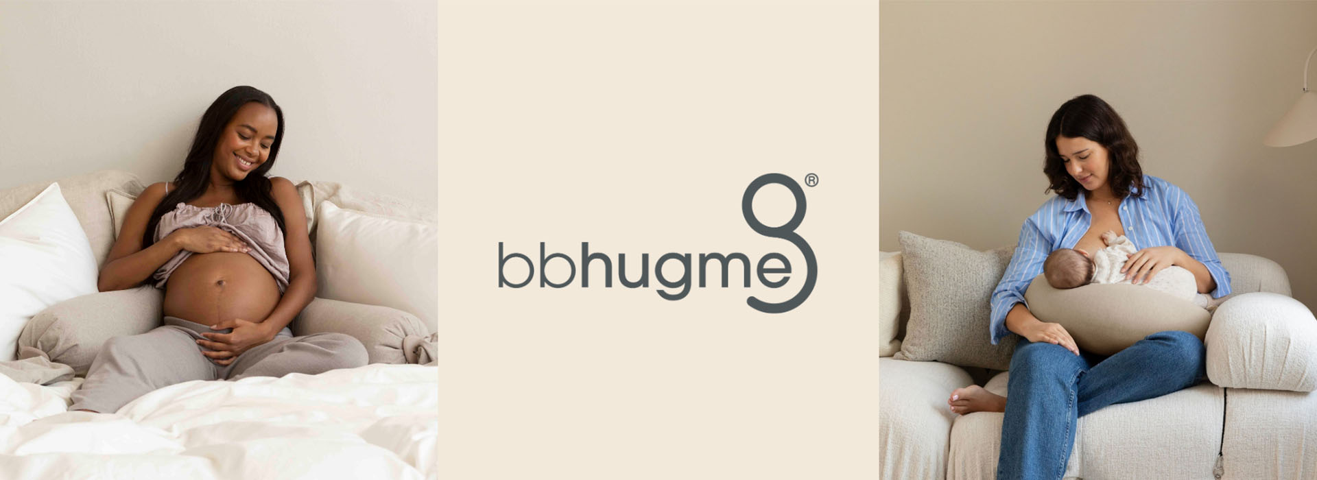 Gravid kvinde i seng med støttende pude og bbhugme logoet.
