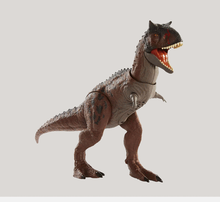 Dinosaurlegetøj med åbent gab og synlige tænder på lys baggrund.