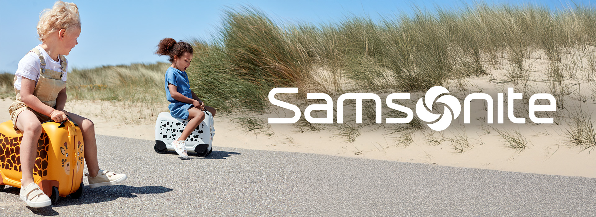 To børn sidder på kufferter ved en sandsti, omgivet af græs.