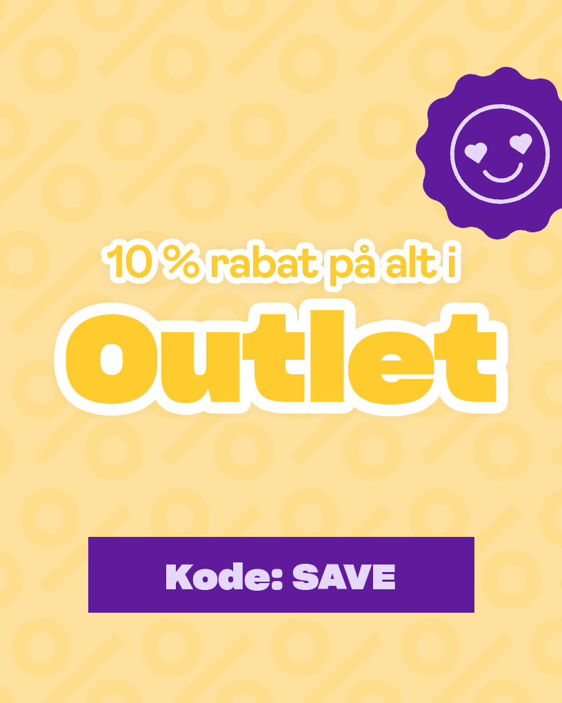 Gul banner: "10 % rabat på alt i Outlet". Lilla hjerte-smiley og lilla boks med "Kode: SAVE". Baggrund med procenttegn.