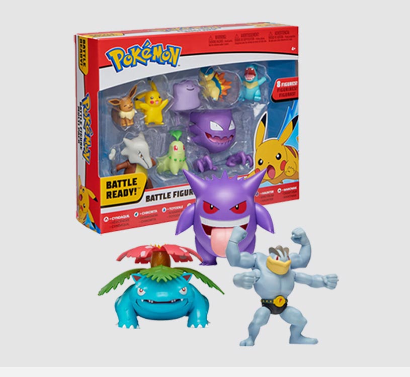 Pakke med Pokémon-figurer, herunder Venusaur og Machamp.