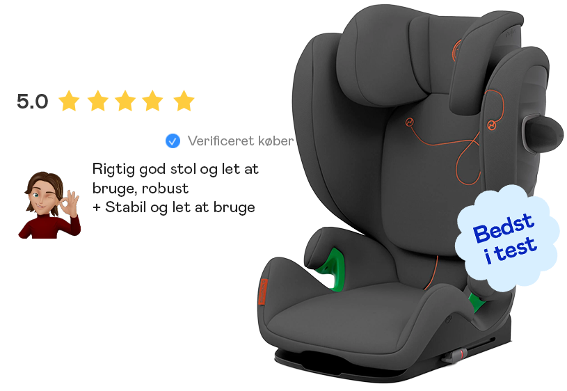 Autostol med fem stjerner og 'Bedst i test' mærkat.