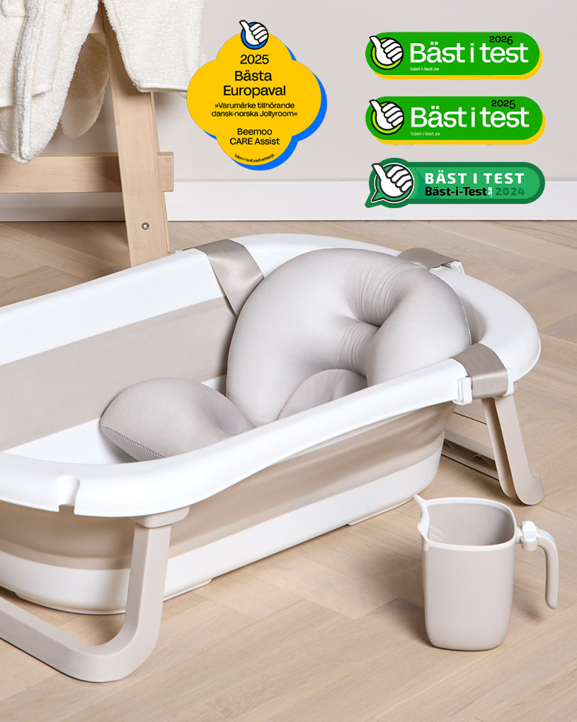 Foldbar badekar med teksten 'Bedst i test'.