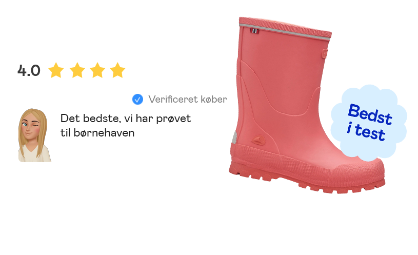 Rød gummistøvle med fem stjerner og teksten Bedst i test.