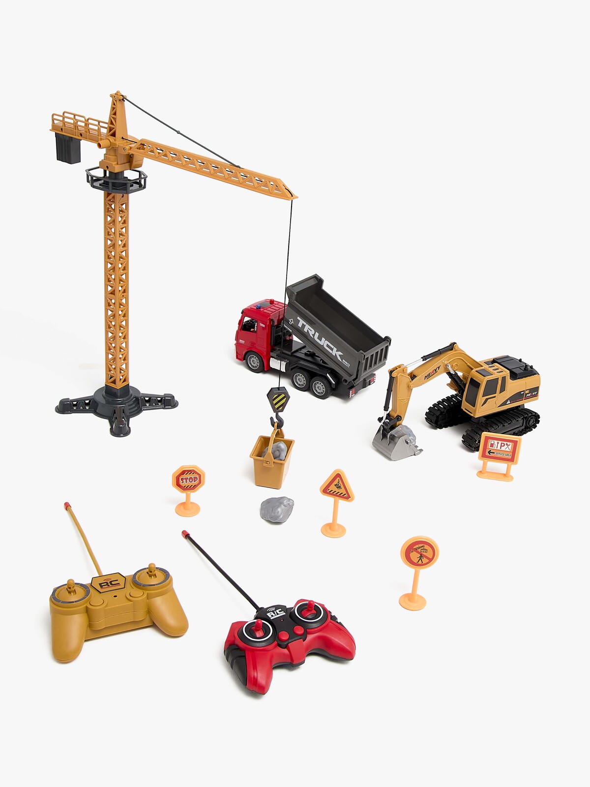 Alex's Garage Legetøjssæt med Radiostyret Gravemaskine, Lastbil og Manuel Løftekran 42 cm