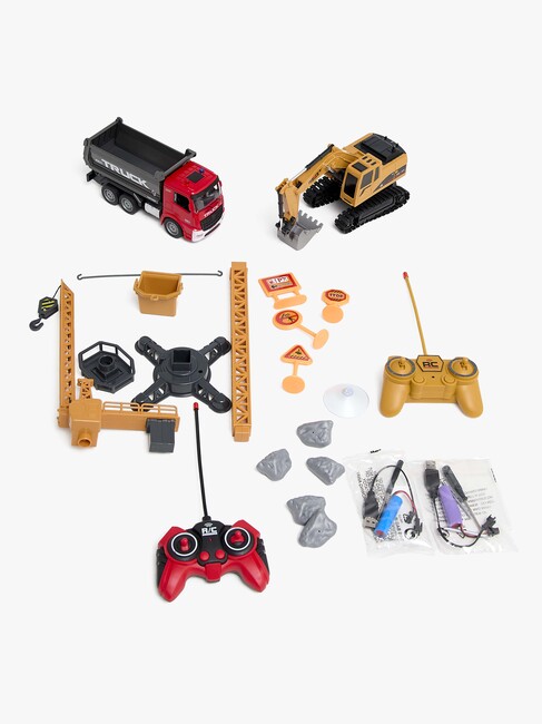 Alex's Garage Legetøjssæt med Radiostyret Gravemaskine, Lastbil og Manuel Løftekran 42 cm