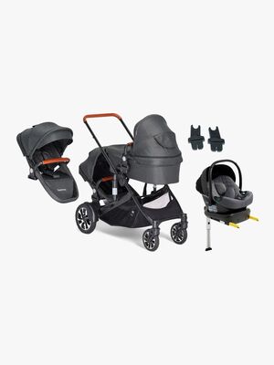 Beemoo Maxi 4 Twin Søskendevogn inkl. Ekstra Søskendesæde & Route i-Size Autostol Baby & ISOFIX Base, Black/Mineral Grey