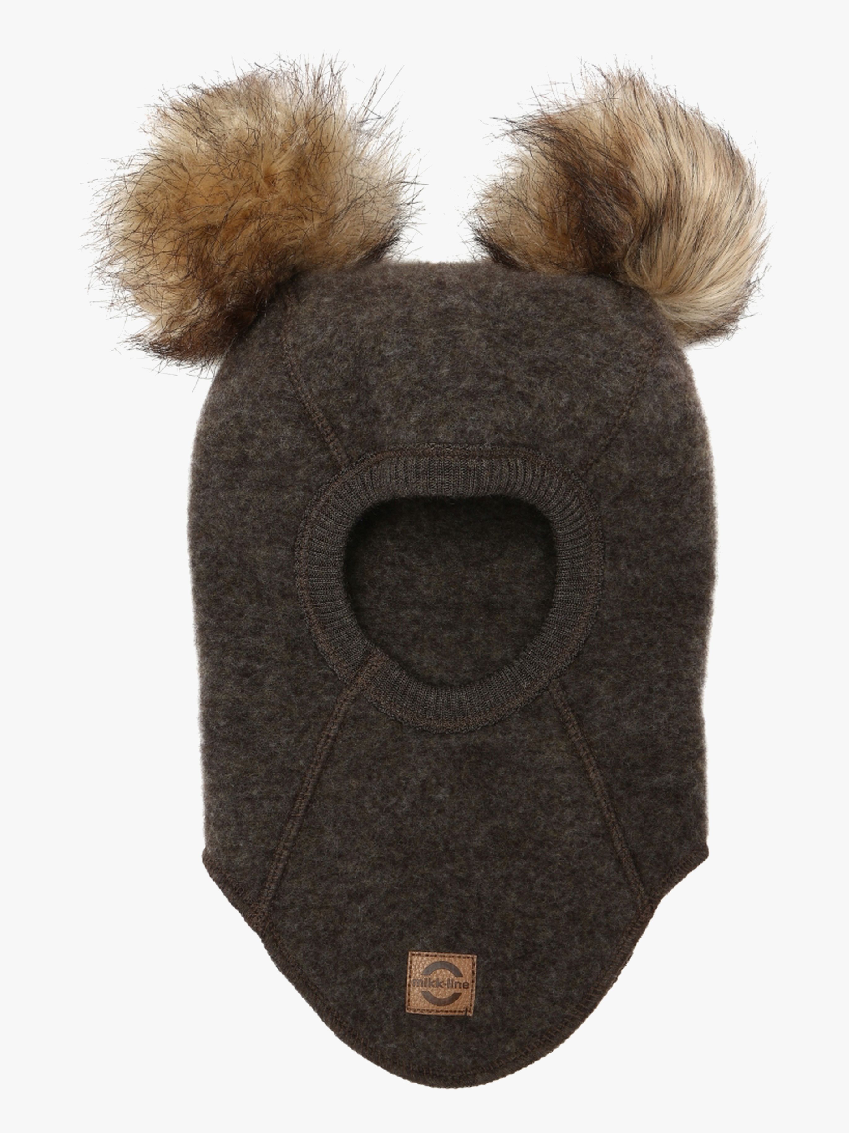 Mikk-Line Elefanthue Merinould med Pomponer, Dark Brown Melange, 62-68