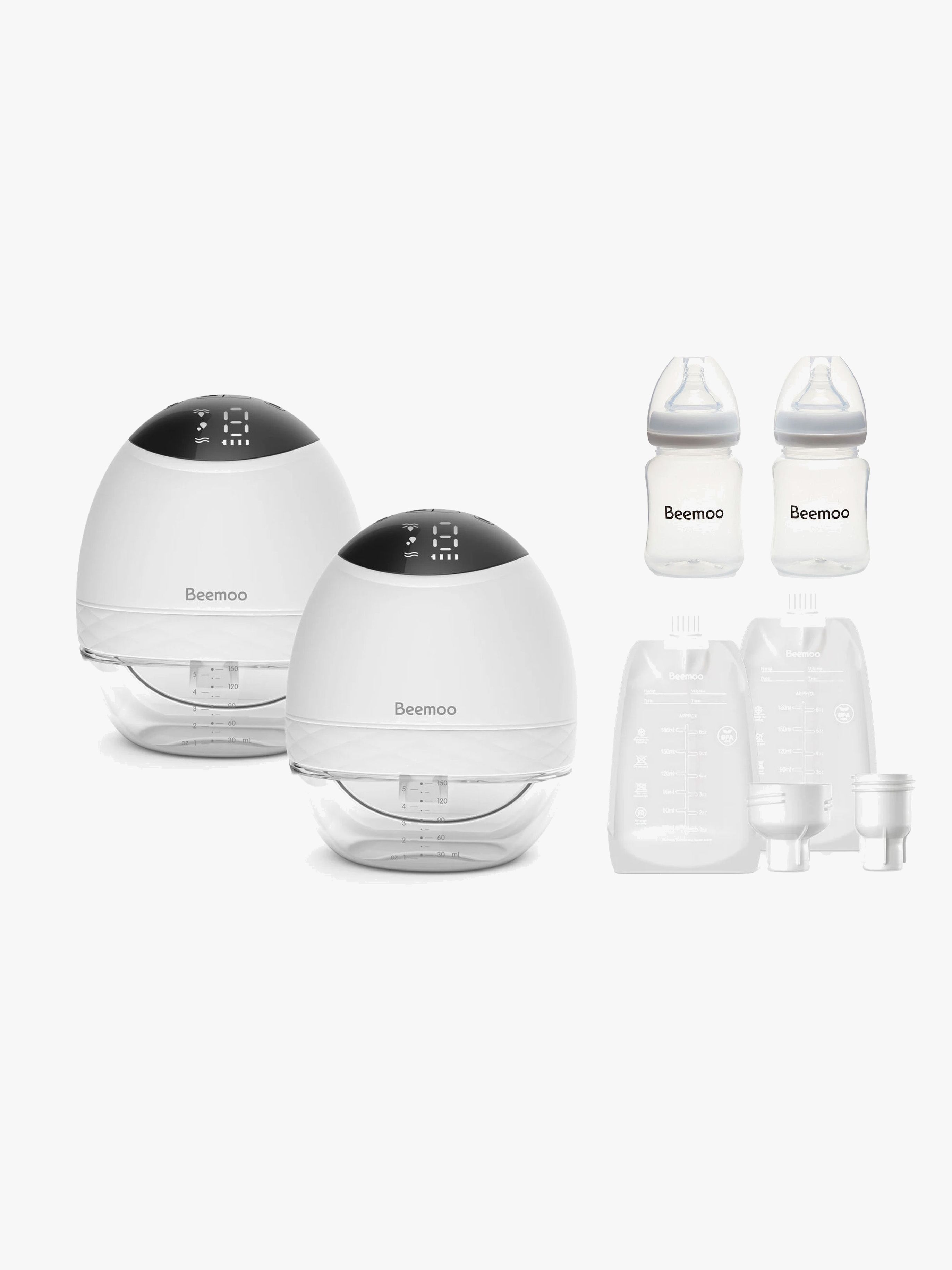 Beemoo CARE Wearable LED Elektrisk Brystpumpe Dobbelt inkl. Modermælksposer 30-pak & Flasker 2-pak