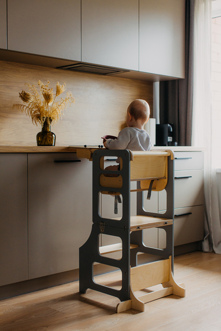 Duck Woodworks 3-i-1 Sammenklappeligt Læringstårn med Højstol, Grå