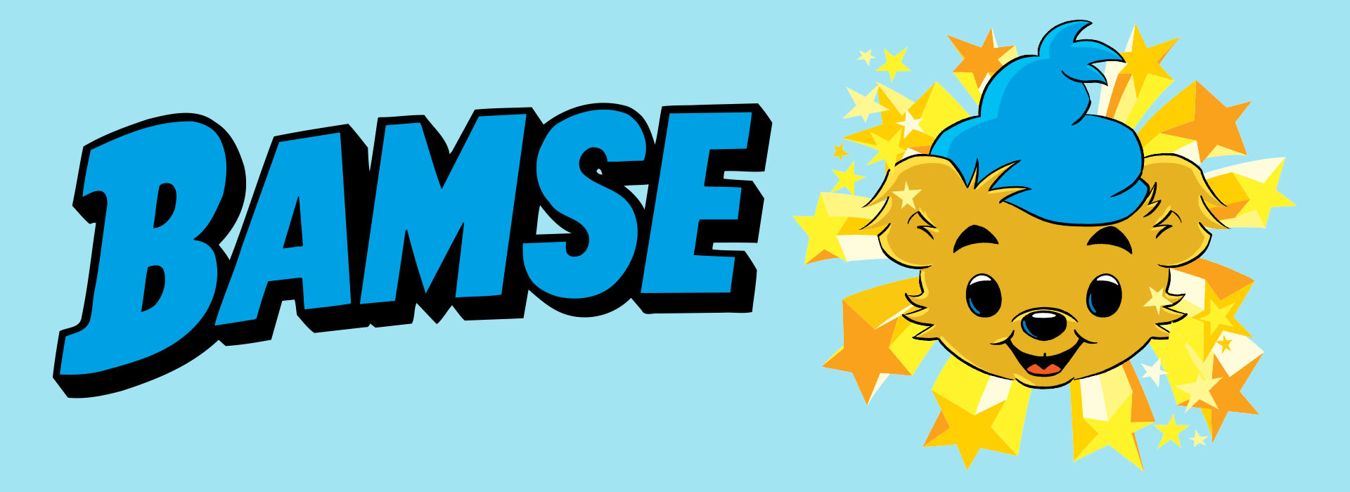 Tegnet bjørneansigt med blå hår og stjerner ved siden af teksten BAMSE.
