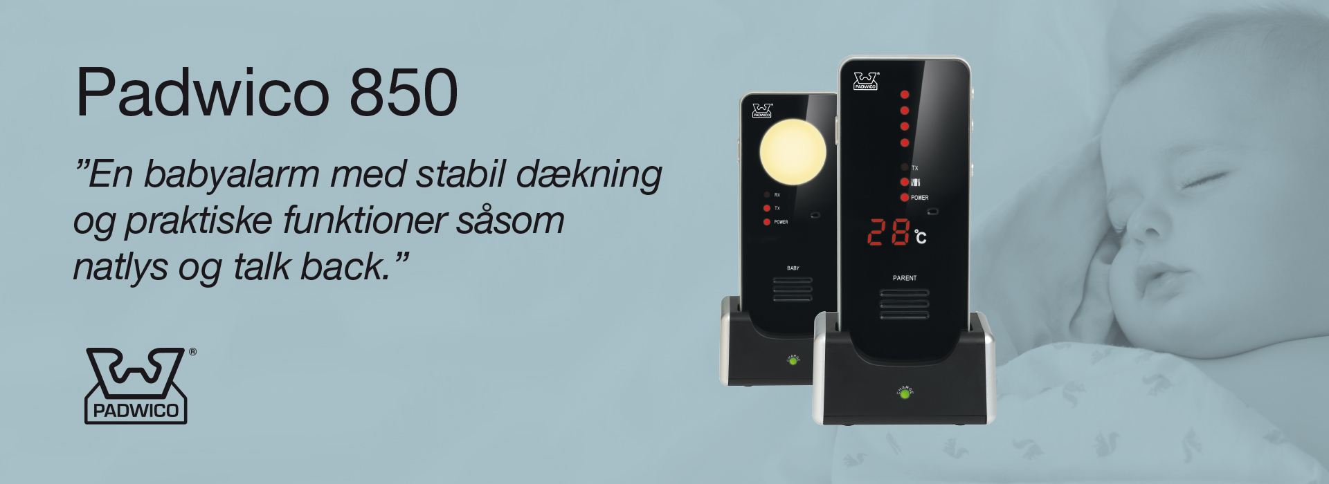 Padwico 850 babyalarm med display og sovende baby i baggrunden.