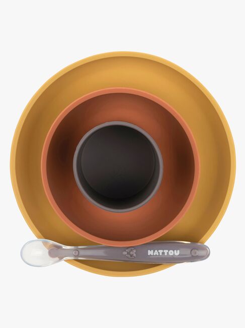 Nattou Soft Silicone Børneservice 4 dele, Sennep/Terracotta