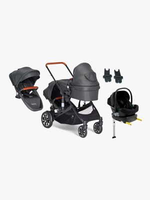 Beemoo Maxi 4 Twin Søskendevogn inkl. Ekstra Søskendesæde & Route i-Size Autostol Baby & ISOFIX Base, Black/Black Stone