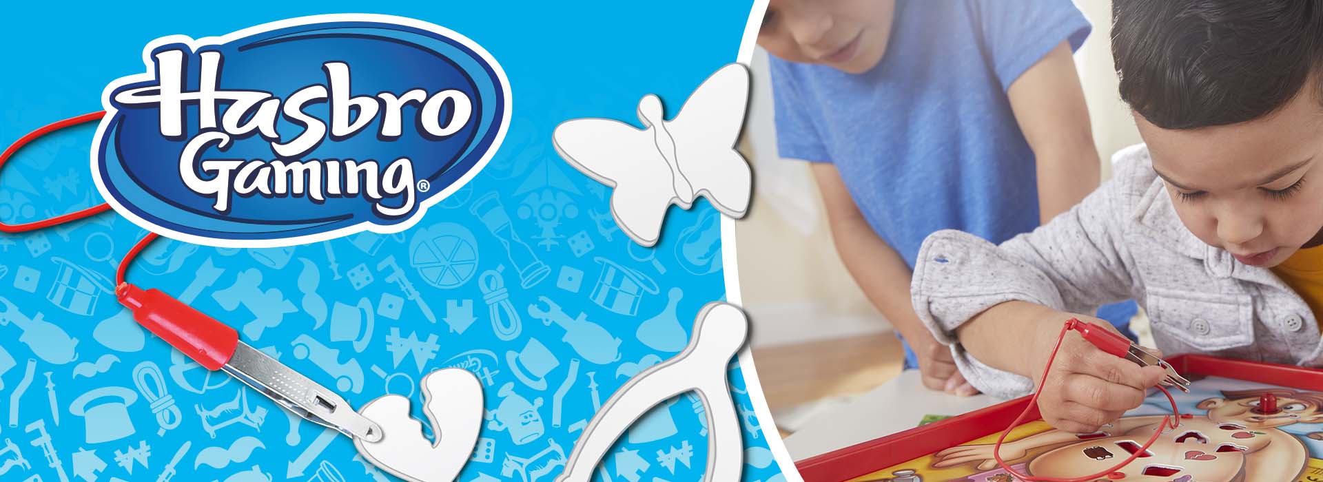 Dreng spiller brætspillet Operation, Hasbro Gaming logo.