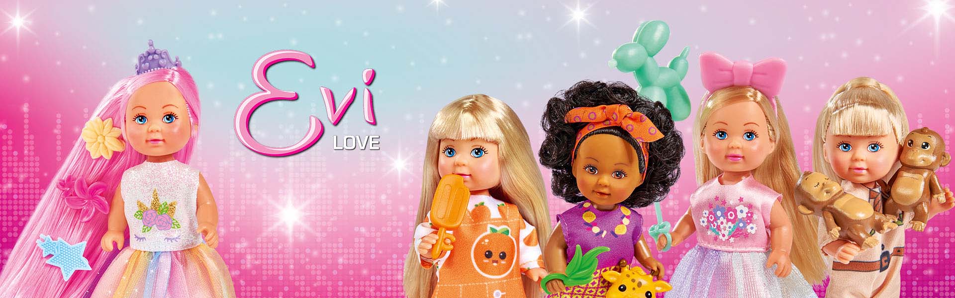 Fem dukker med forskellige tøj og frisurer mod en lyserød baggrund.