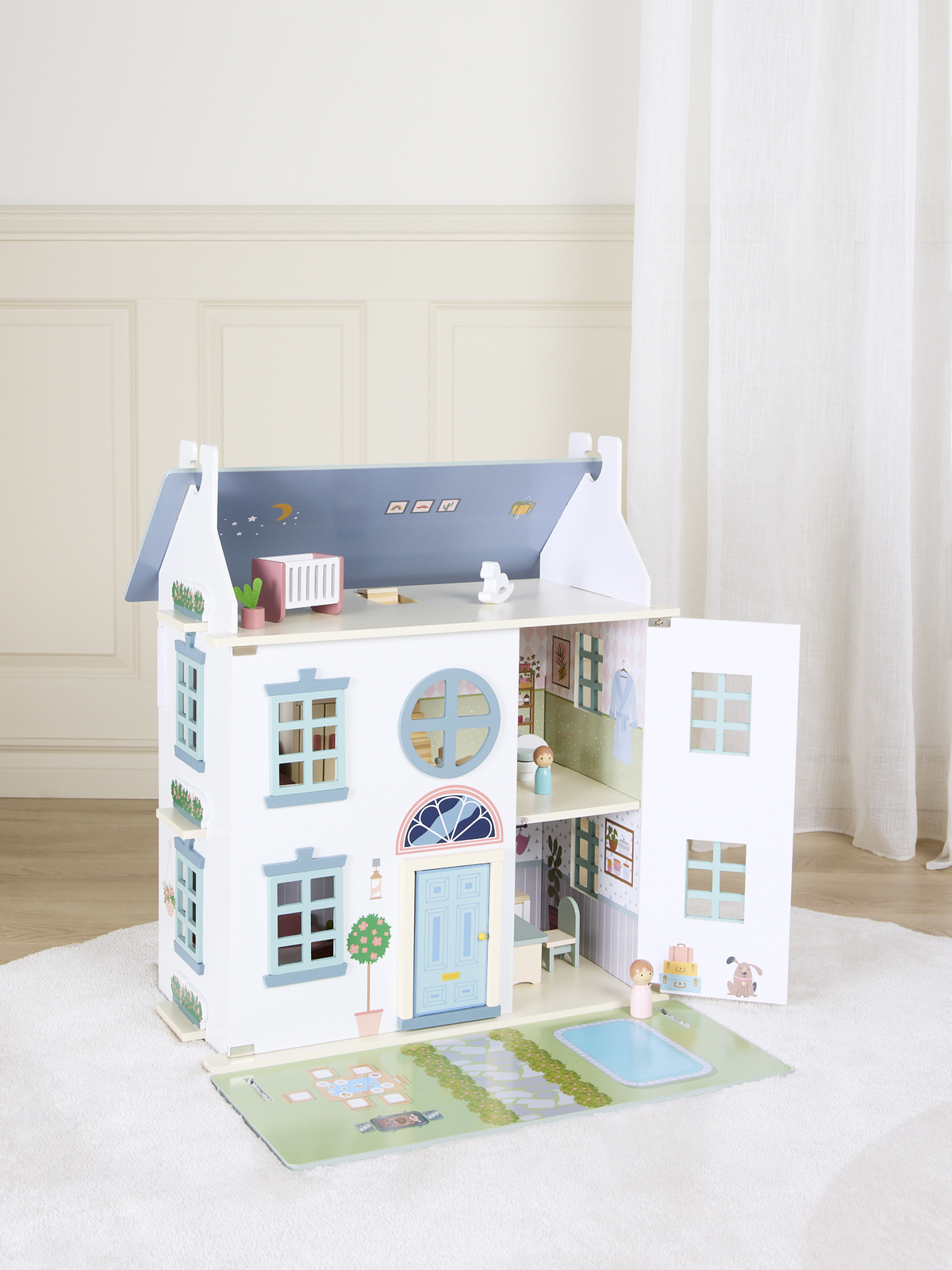 Alice & Fox Dukkehus med Møbler & 4 Dukker, Blå