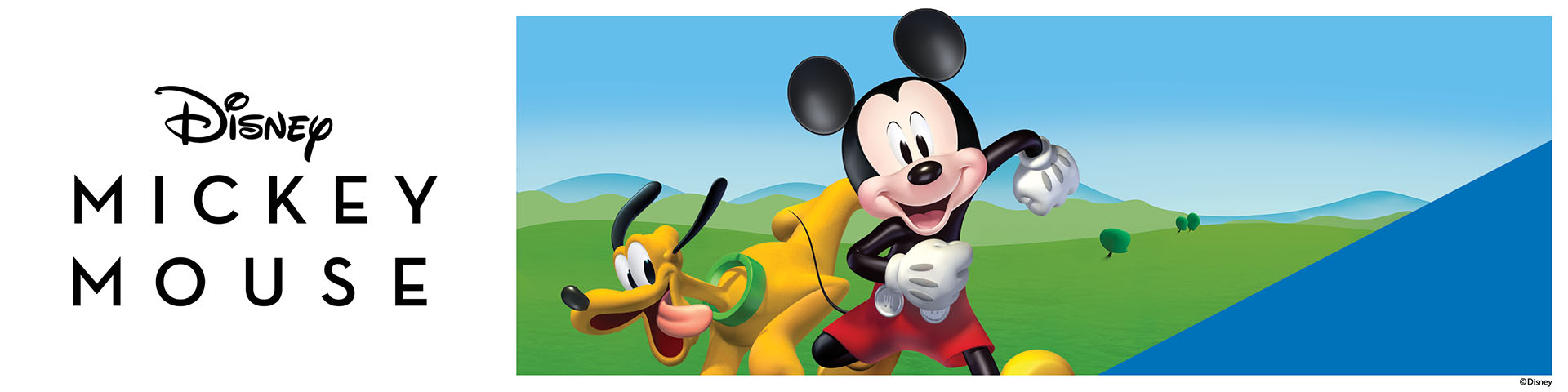 Mickey Mouse og Pluto i en grøn landskab med teksten 'Disney MICKEY MOUSE'.