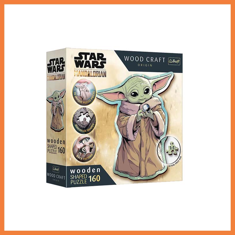 Star Wars Mandalorian puslespil med Baby Yoda, tekst: 'wooden shaped puzzle 160'.