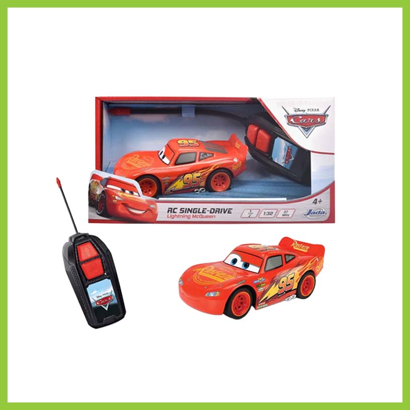 Radiostyret bil Lightning McQueen med teksten 'RC SINGLE-DRIVE'.