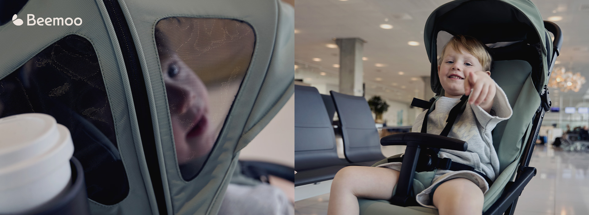 Barn i klapvogn i lufthavnen, smiler og peger.