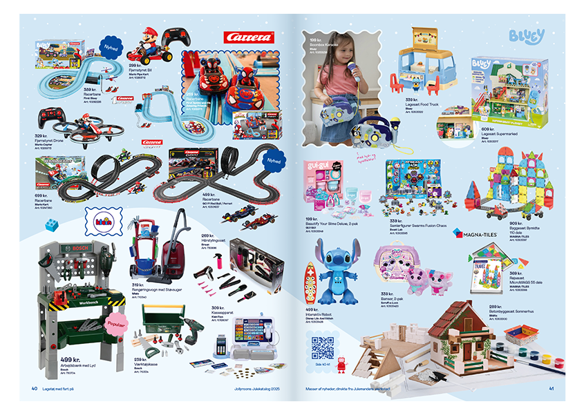 Bilbaner, fjernstyrede biler og spil. Tekst: "Fartfyldt leg".