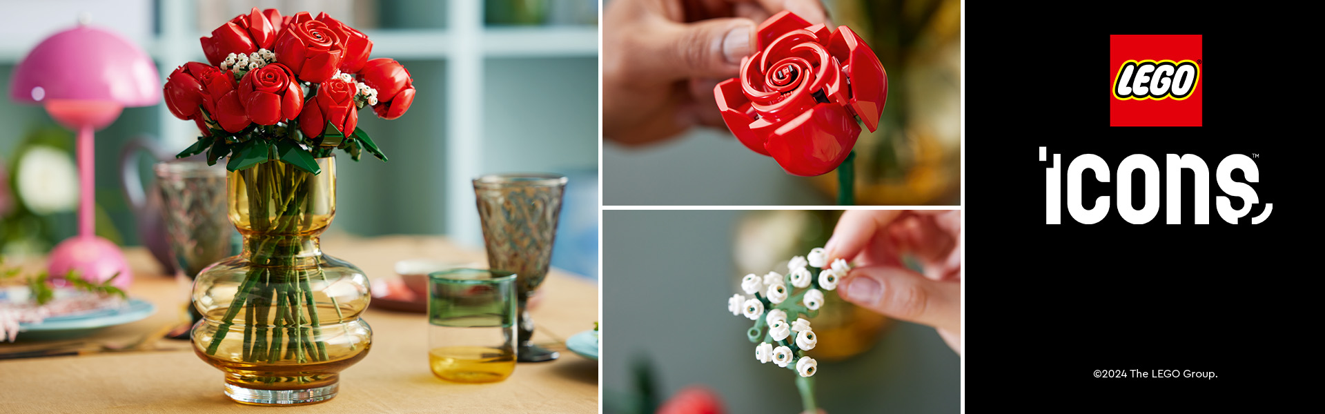 Lego-blomster i vase på bord med LEGO-logo.