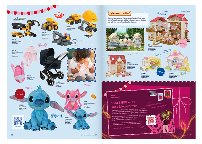 Julekatalog med bamser, heste, hunde og grise. Tekst: "Julens favoritter".