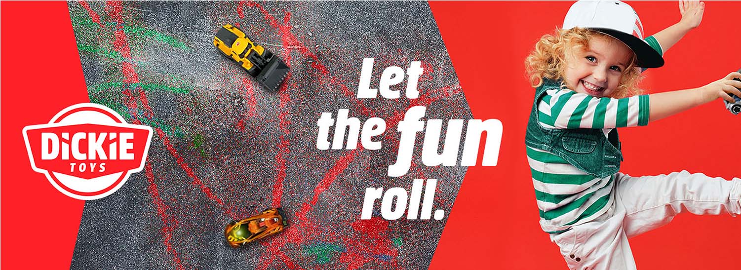 Barn leger med legetøjsbiler, teksten siger 'Let the fun roll'.