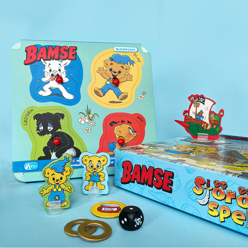 Bamse-spil med figurer og spillebræt med forskellige følelser.