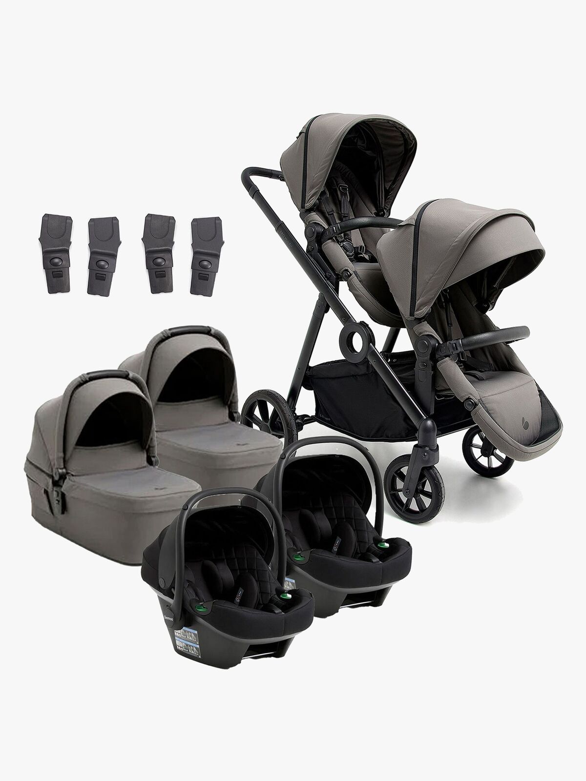 Beemoo Pro Multi 2 Tvillingevogn inkl. Route i-Size Autostol Baby, Mocha Grey/Black Stone