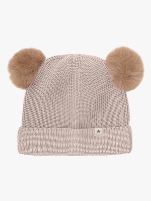 Huttelihut Hue Merinould med Pomponer, Camel Melange