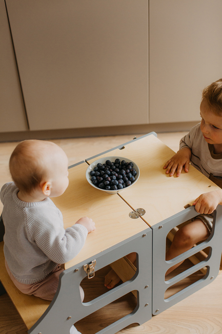 Duck Woodworks 3-i-1 Sammenklappeligt Læringstårn med Højstol, Grå