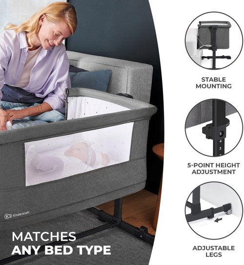 Kinderkraft NESTE GROW Bedside Crib, Lysegrå