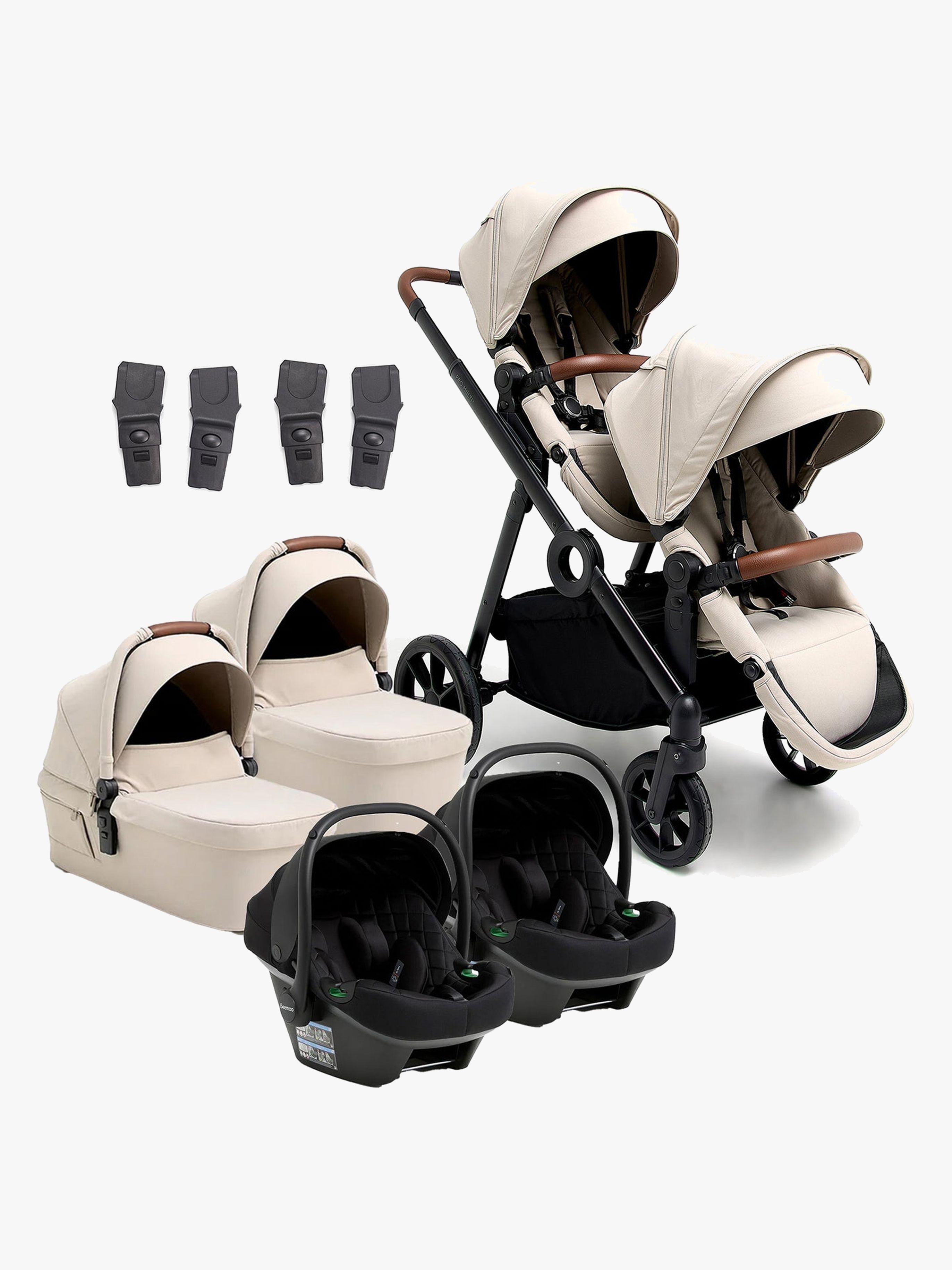 Beemoo Pro Multi 2 Tvillingevogn inkl. Route i-Size Autostol Baby, Latte Beige/Black Stone