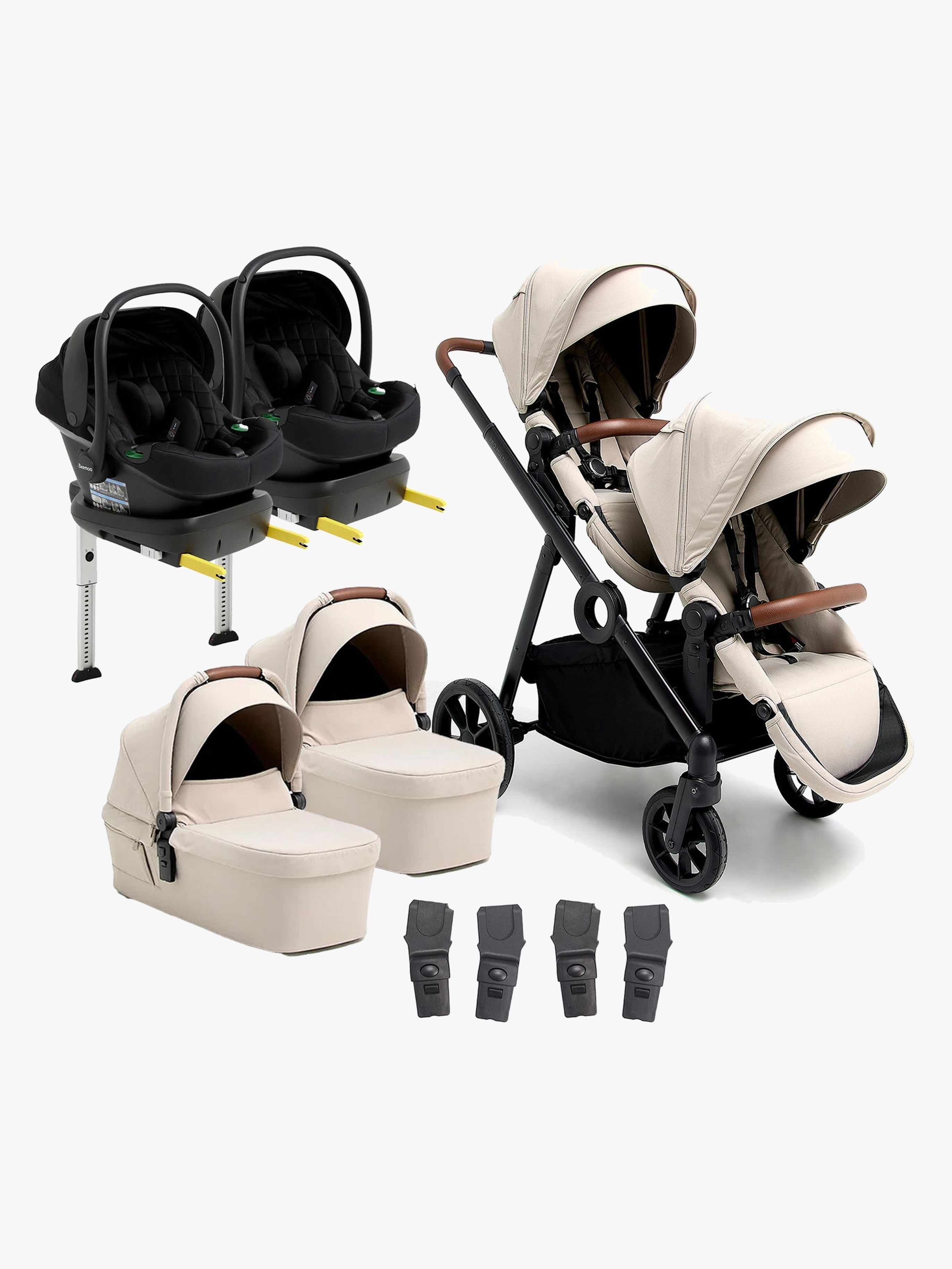 Beemoo Pro Multi 2 Tvillingevogn inkl. Route i-Size Autostol Baby & Base, Latte Beige/Black Stone