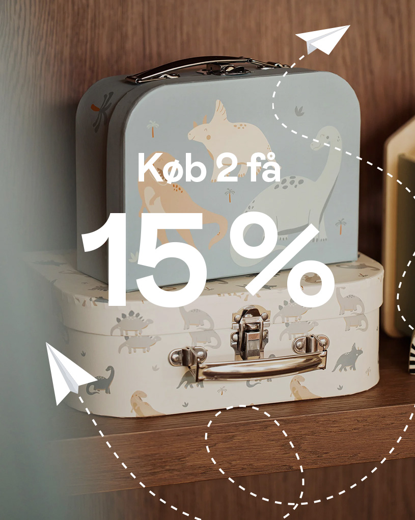 To kufferter med dyremotiver, med teksten 'Køb 2 få 15 %'.