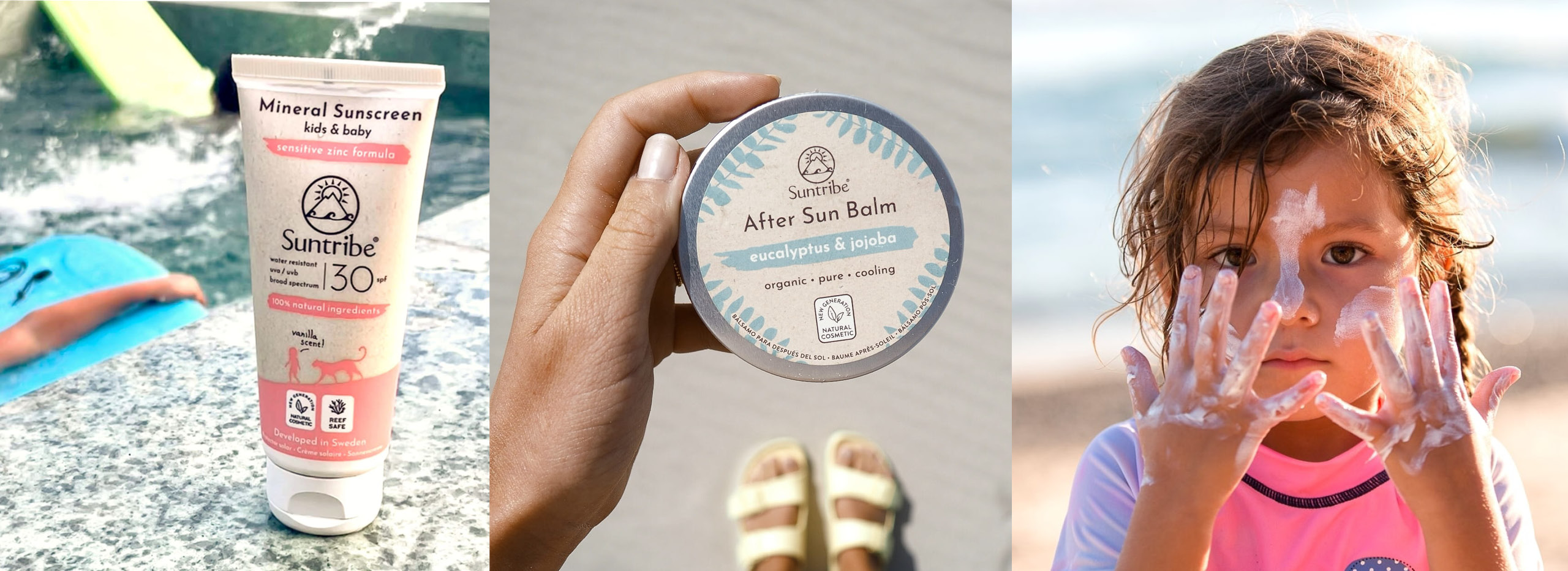 Solcreme og after sun-produkt, barn med solcreme i ansigtet.