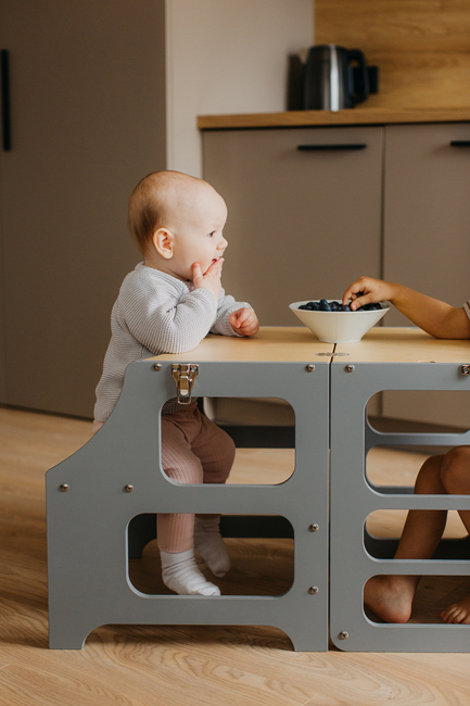 Duck Woodworks 3-i-1 Sammenklappeligt Læringstårn med Højstol, Grå