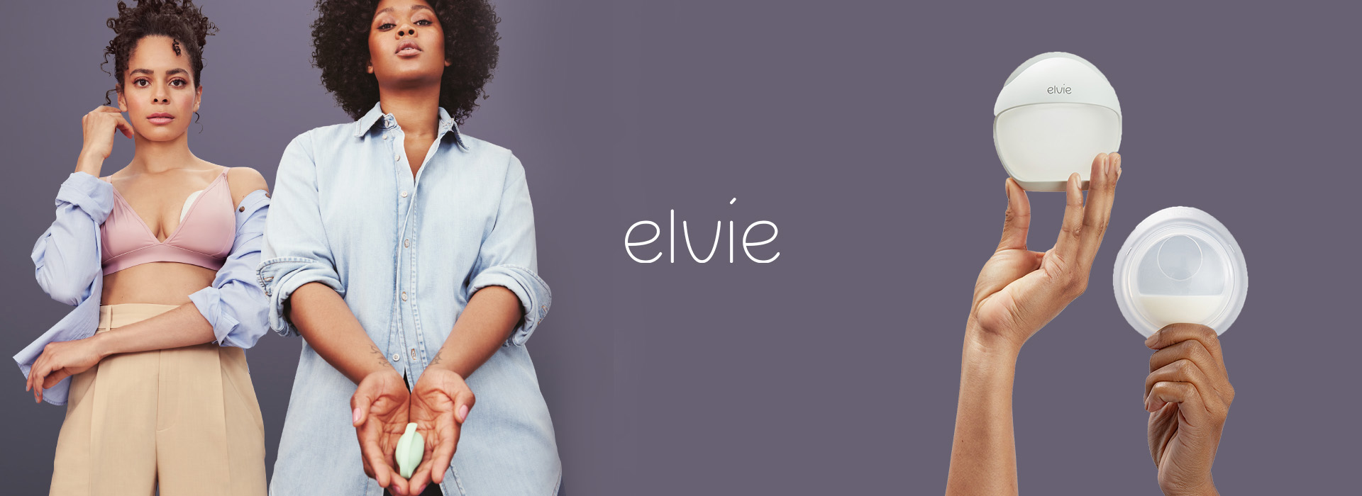 To kvinder, en med Elvie-produkt, en anden med brystpumpe. Teksten 'Elvie' i midten.