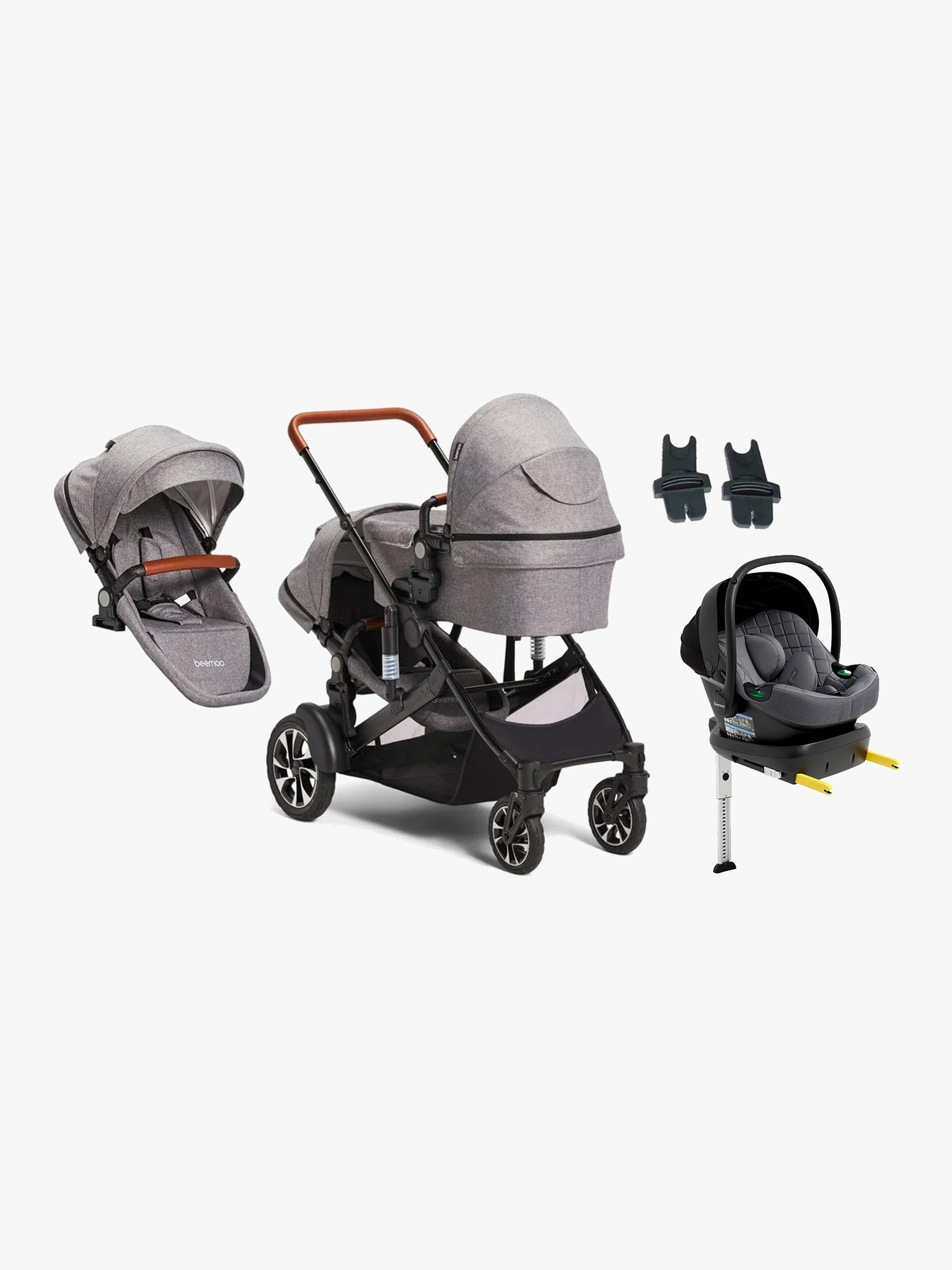 Beemoo Maxi 4 Twin Søskendevogn inkl. Ekstra Søskendesæde & Route i-Size Autostol Baby & ISOFIX Base, Grey/Mineral Grey