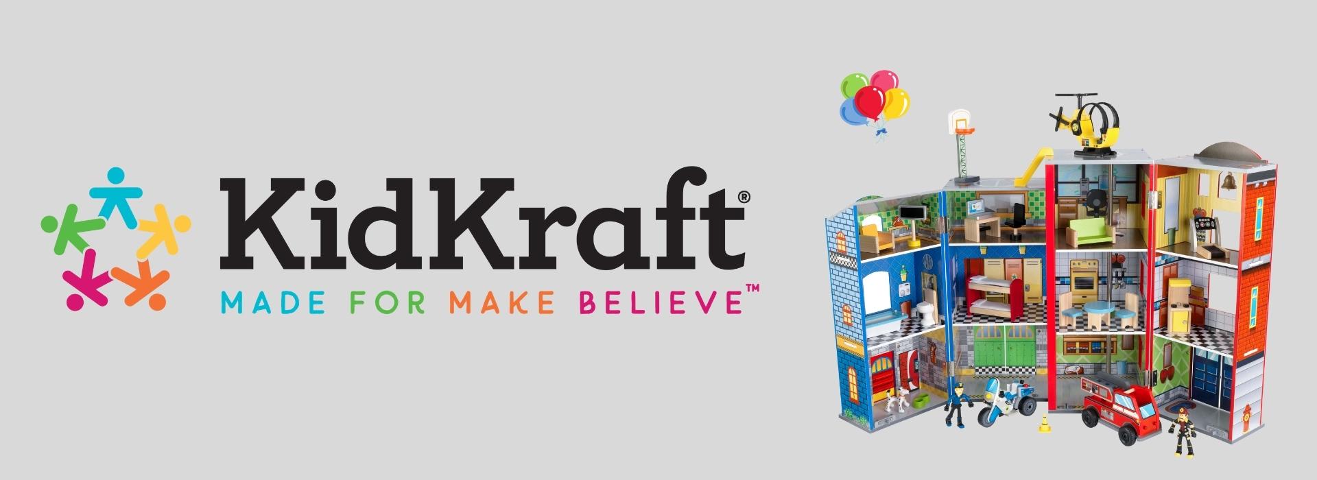 KidKraft-logo og legehus med flere etager og figurer.